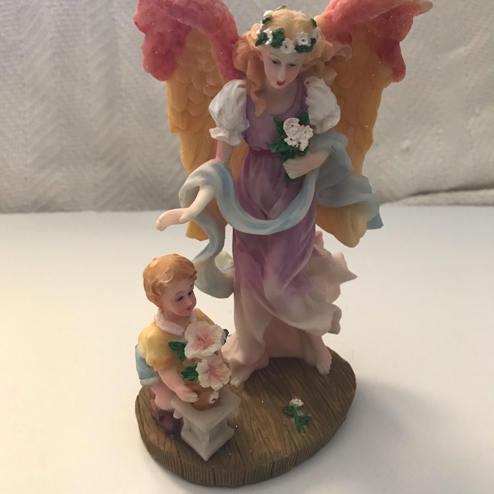 Angel Figurine with Child and Flowers - Pastel Colors